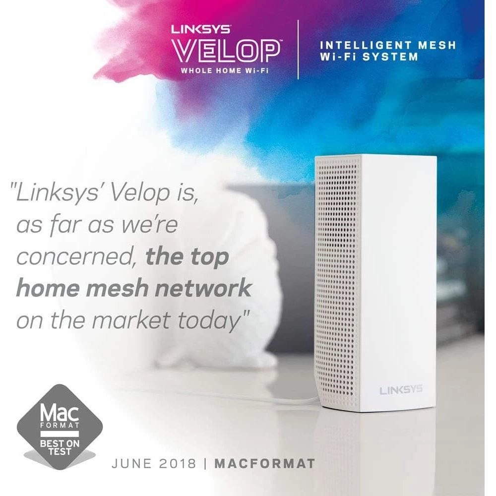 Linksys Velop WHW0301 Tri-Band Whole Home Mesh WiFi 5 System (AC2200) WiFi Router, Extender & Booster up to 2000 sq ft Coverage for 20  Devices with 2 Gigabit Ethernet Ports, MU-MIMO - 1 Pack, White