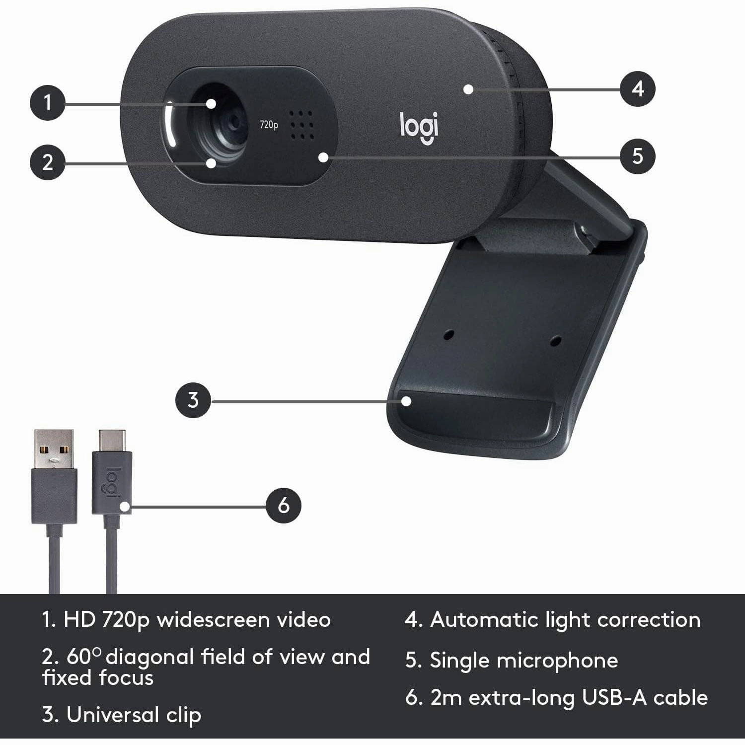 Logitech C505 HD Webcam - Streaming Webcam, 720p HD External USB Camera for Desktop or Laptop with Long-Range Microphone, Compatible with PC or Mac - Grey