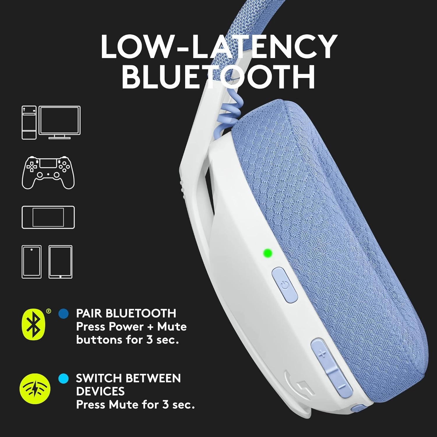 Logitech G435 LIGHTSPEED & Bluetooth Wireless Gaming Headset - Ultra Lightweight 165g over-ear headphones, built-in mics, 18h battery, compatible with Dolby Atmos, PC, PS4, PS5, Mobile - White