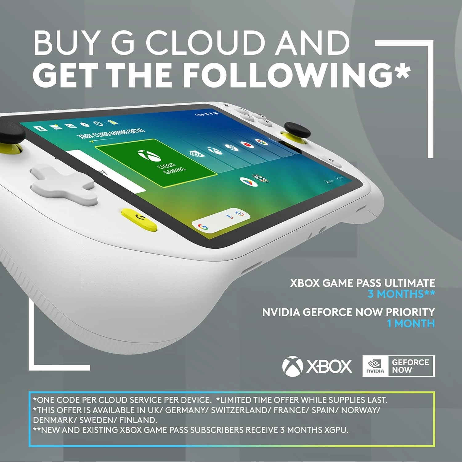 Logitech G Cloud Gaming Handheld - 7" 1080P Touchscreen, Lightweight, Long Battery Life, Xbox Cloud Gaming, NVIDIA GeForce NOW, Google Play - UK Plug, White