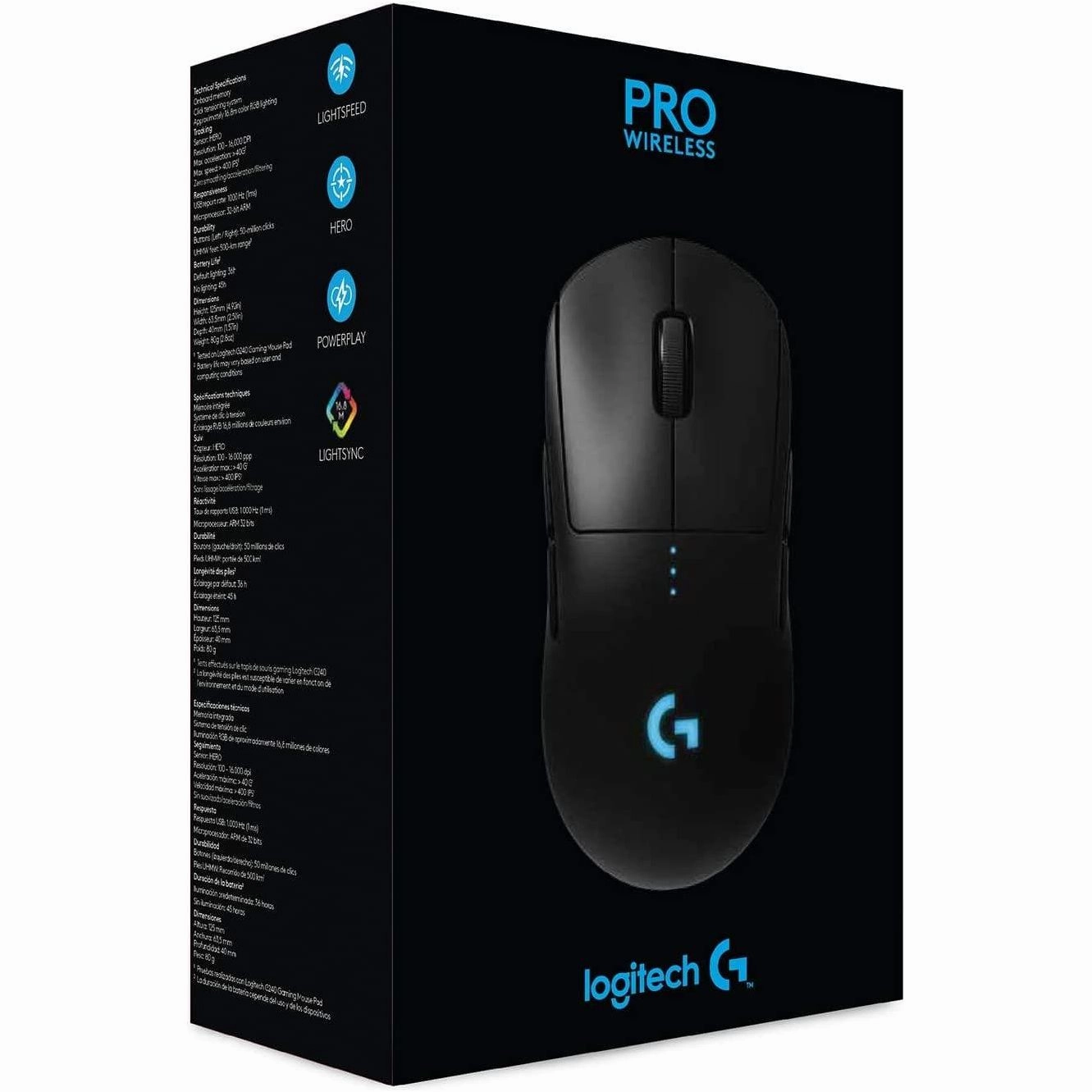 Logitech G PRO Wireless Gaming Mouse, HERO 25K Sensor, 25,600 DPI, RGB, Ultra Lightweight, 4-8 Programmable Buttons, POWERPLAY-Compatible, UK Packaging - Black
