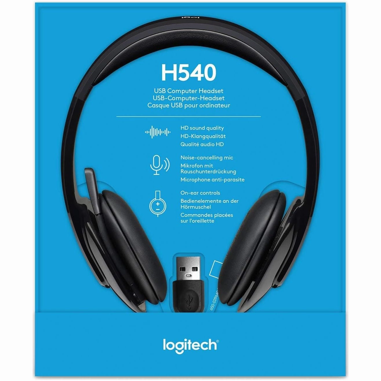 Logitech H540 Wired Headset, Stereo Headphone with Noise-Cancelling Microphone, USB, On-Ear Controls, Mute Indicator Light, PC/Mac/Laptop - Black