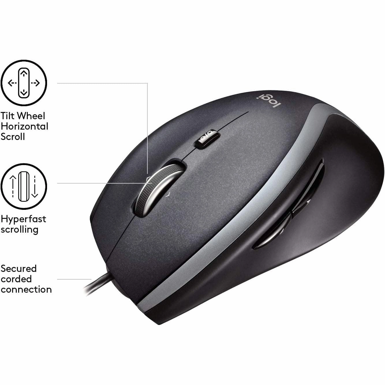 Logitech M500 Wired USB Mouse, High Precision 1000 DPI Laser Tracking, 7 Buttons, PC / Mac / Laptop - Black