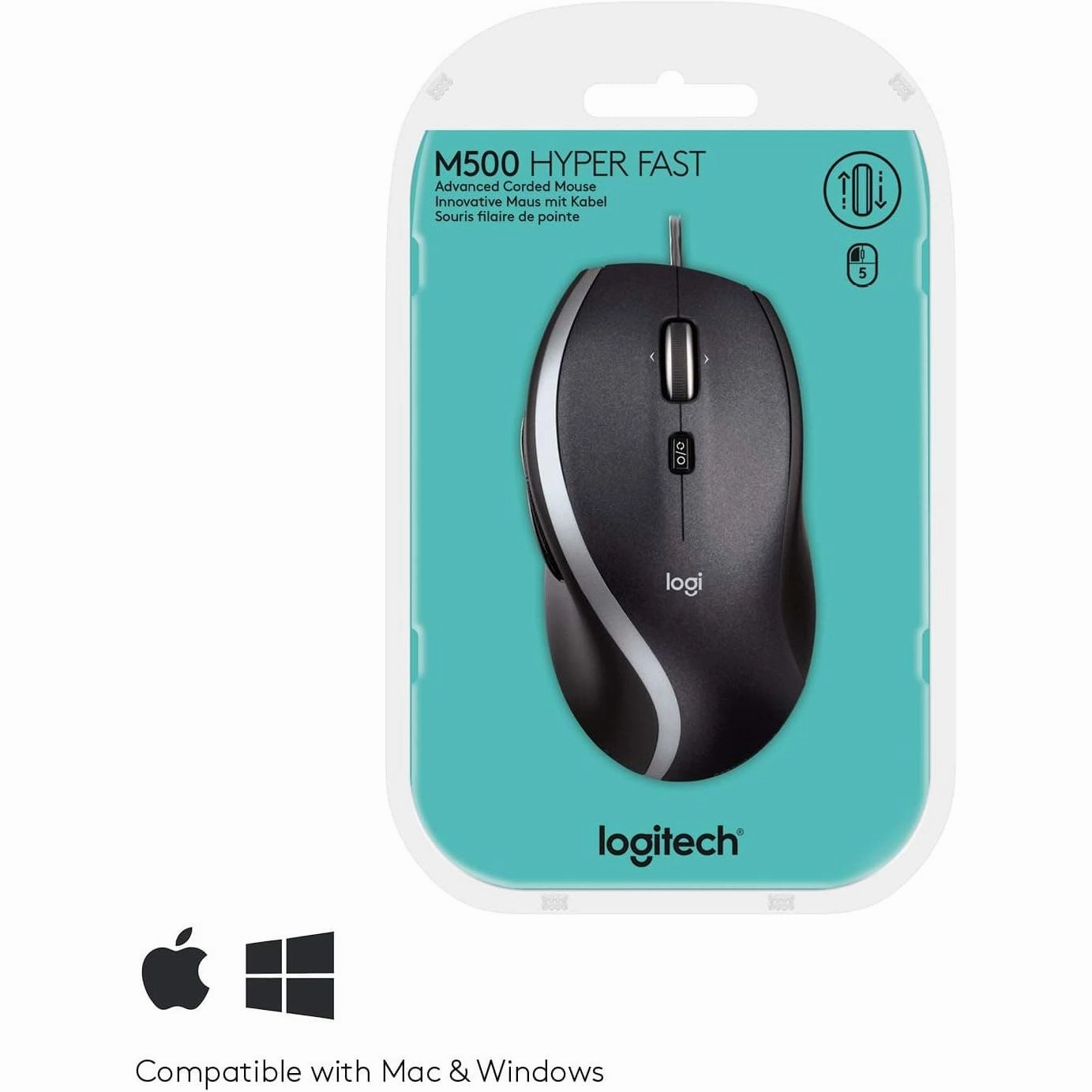 Logitech M500 Wired USB Mouse, High Precision 1000 DPI Laser Tracking, 7 Buttons, PC / Mac / Laptop - Black