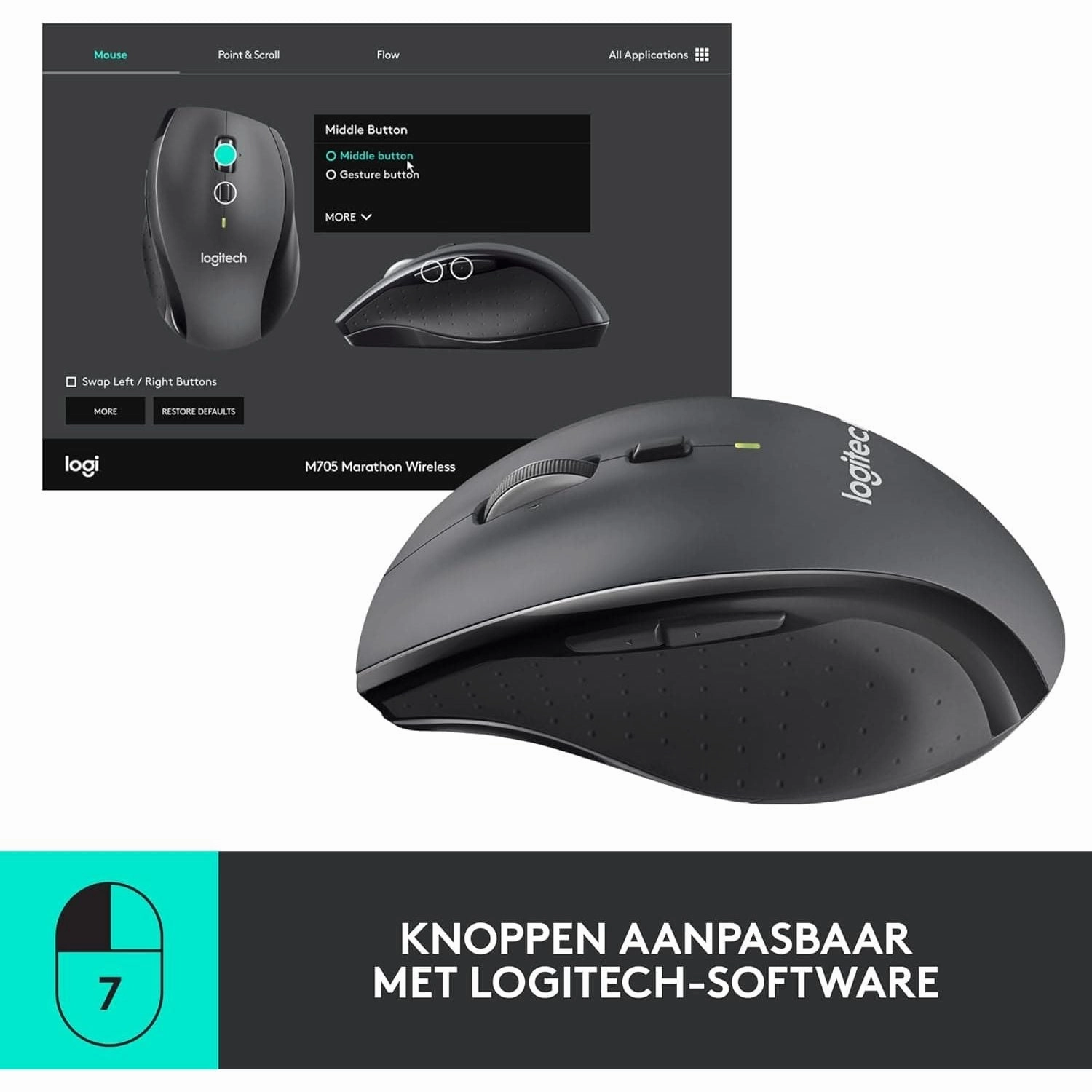 Logitech M705 Marathon Wireless Mouse, 2.4 GHz USB Unifying Receiver, 1000 DPI, 5-Programmable Buttons, 3-Year Battery, Compatible with PC, Mac, Laptop, Chromebook - Black