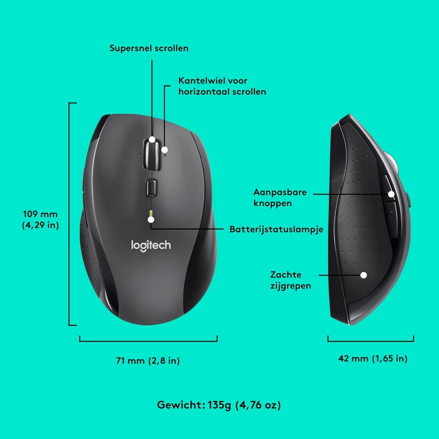 Logitech M705 Marathon Wireless Mouse, 2.4 GHz USB Unifying Receiver, 1000 DPI, 5-Programmable Buttons, 3-Year Battery, Compatible with PC, Mac, Laptop, Chromebook - Black