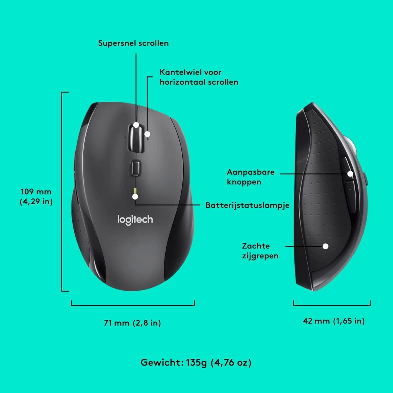 Logitech M705 Marathon Wireless Mouse, 2.4 GHz USB Unifying Receiver, 1000 DPI, 5-Programmable Buttons, 3-Year Battery, Compatible with PC, Mac, Laptop, Chromebook - Black
