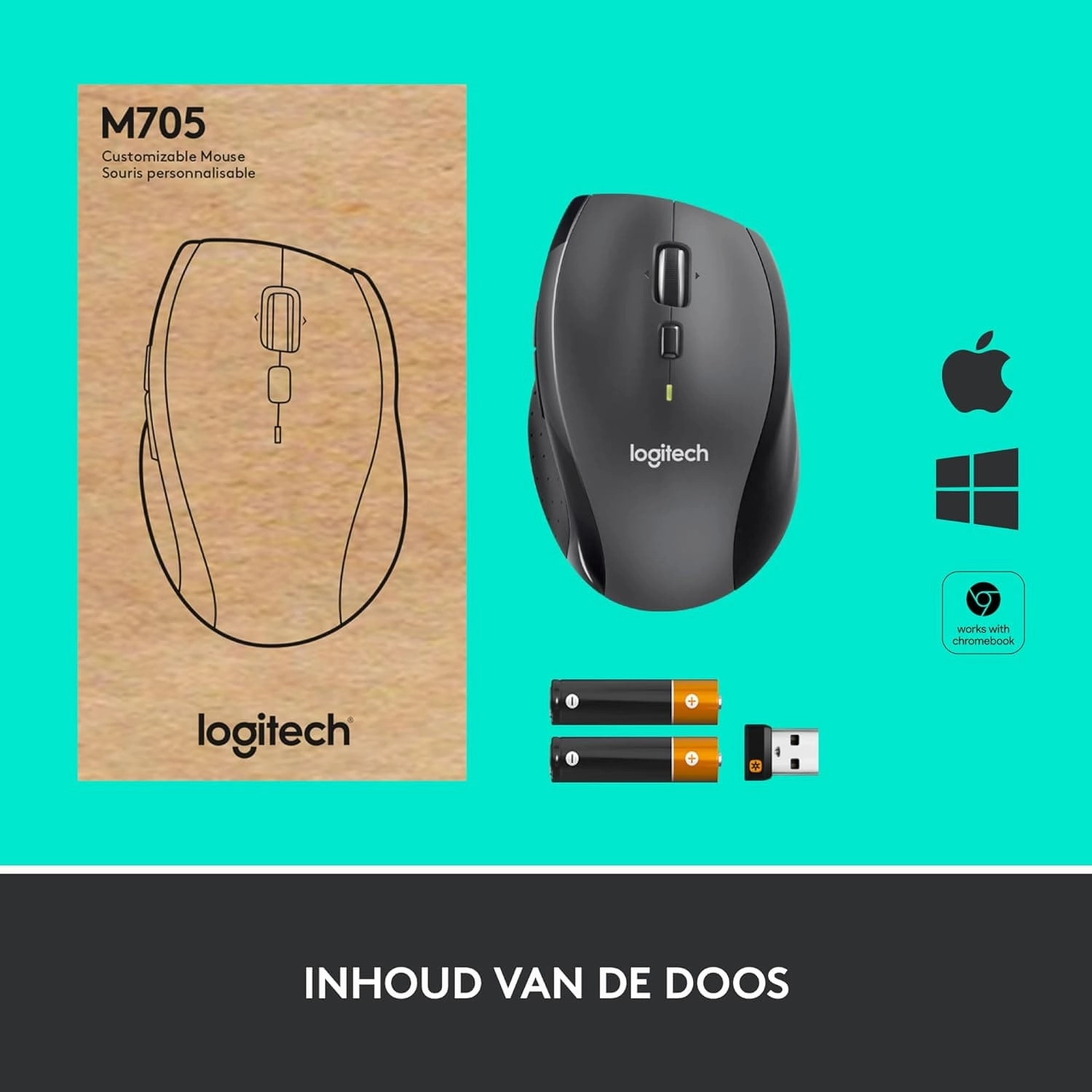 Logitech M705 Marathon Wireless Mouse, 2.4 GHz USB Unifying Receiver, 1000 DPI, 5-Programmable Buttons, 3-Year Battery, Compatible with PC, Mac, Laptop, Chromebook - Black