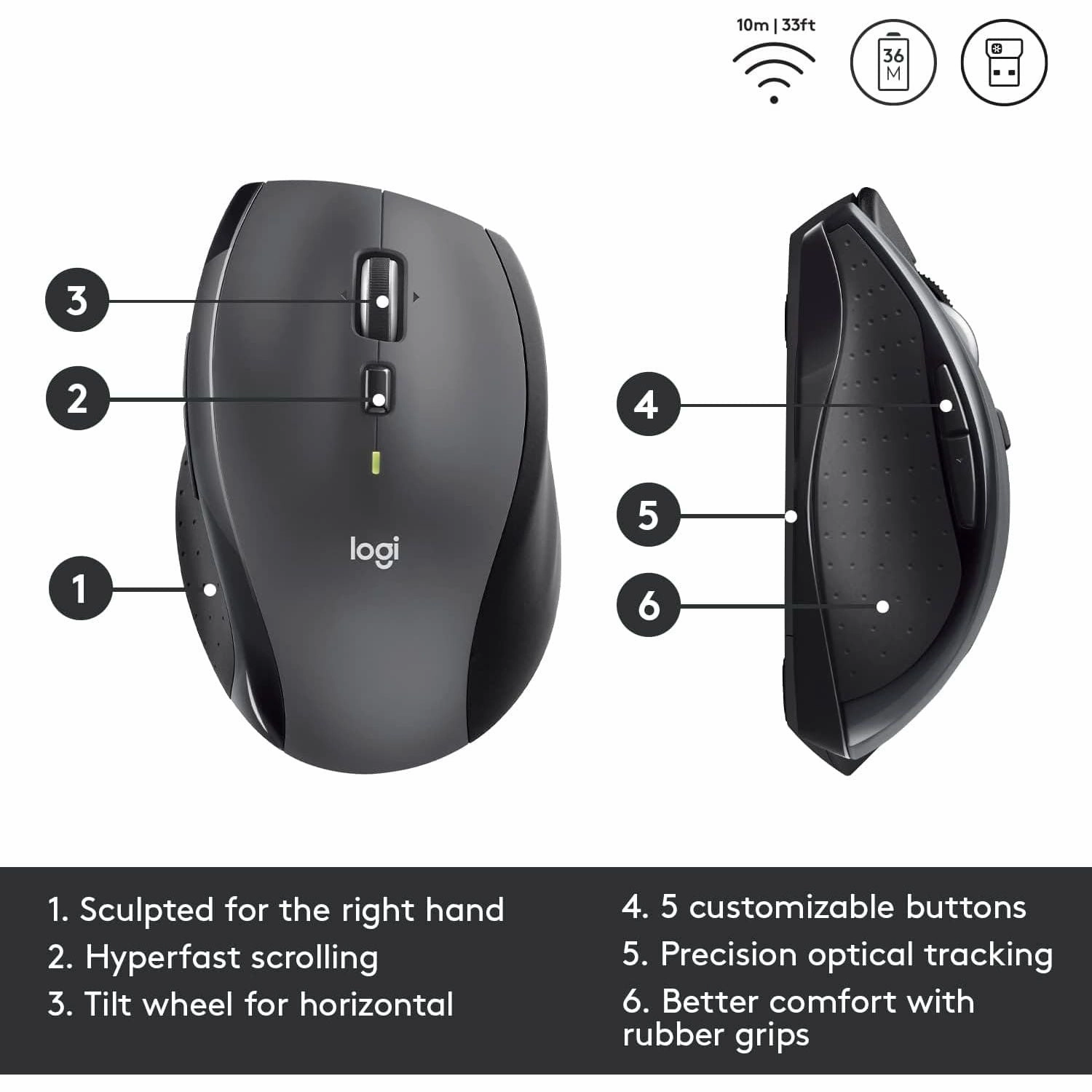 Logitech M705 Marathon Wireless Mouse, 2.4 GHz USB Unifying Receiver, 1000 DPI, 5-Programmable Buttons, 3-Year Battery, Compatible with PC, Mac, Laptop, Chromebook - Grey