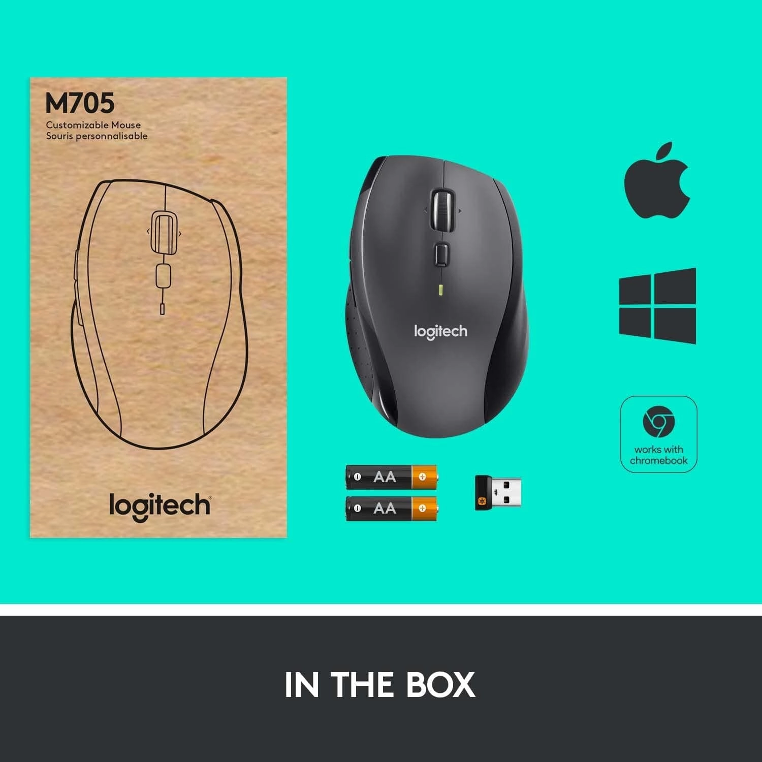 Logitech M705 Marathon Wireless Mouse, 2.4 GHz USB Unifying Receiver, 1000 DPI, 5-Programmable Buttons, 3-Year Battery, Compatible with PC, Mac, Laptop, Chromebook - Grey
