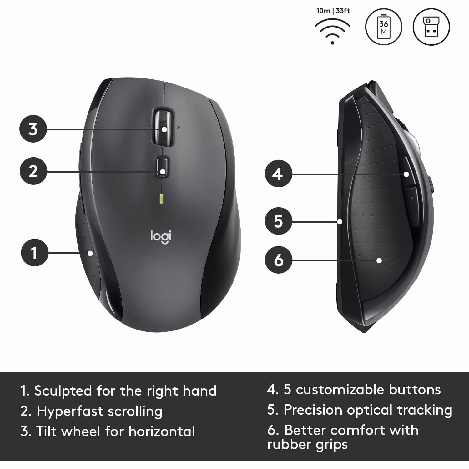 Logitech M705 Marathon Wireless Mouse, 2.4 GHz USB Unifying Receiver, 1000 DPI, 5-Programmable Buttons, 3-Year Battery, Compatible with PC, Mac, Laptop, Chromebook - Grey