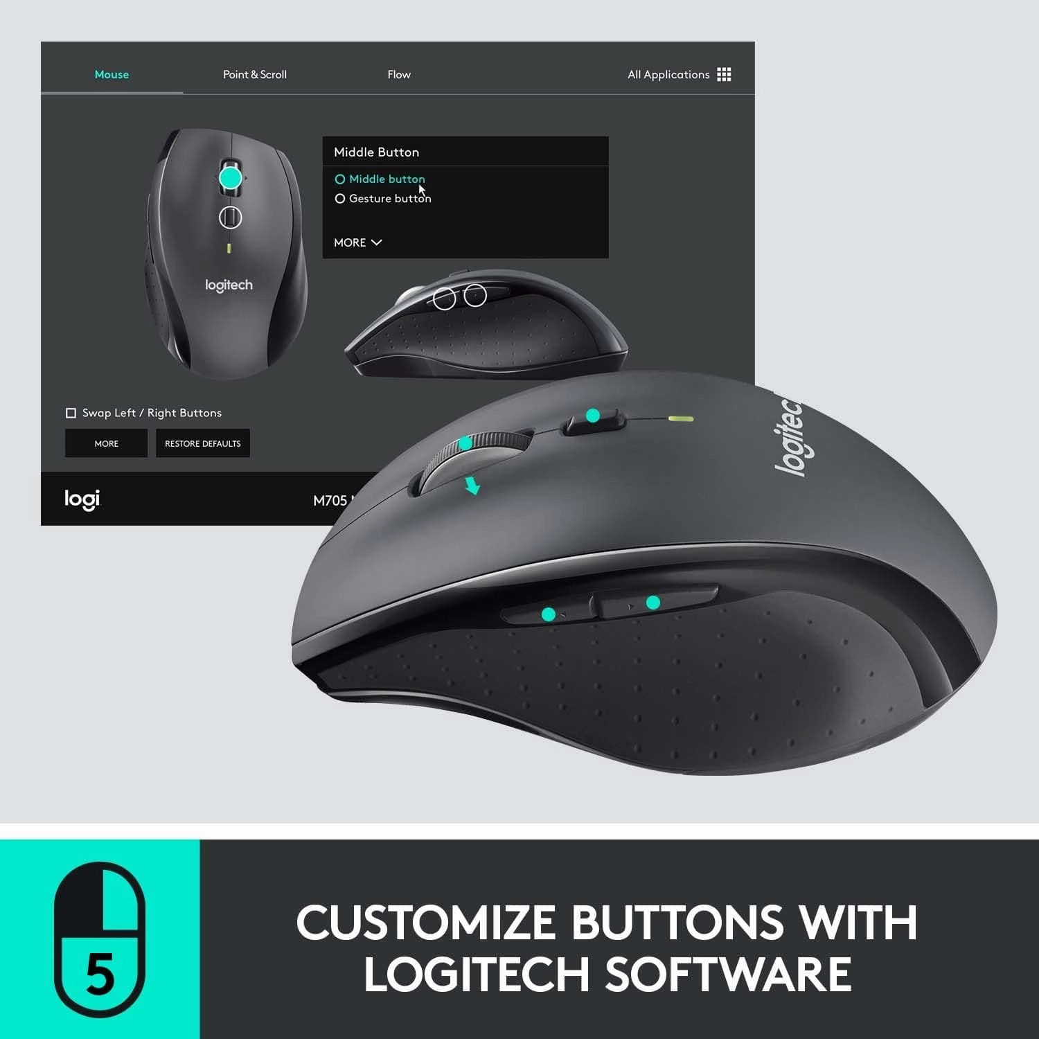 Logitech M705 Marathon Wireless Mouse, 2.4 GHz USB Unifying Receiver, 1000 DPI, 5-Programmable Buttons, 3-Year Battery, Compatible with PC, Mac, Laptop, Chromebook - Grey