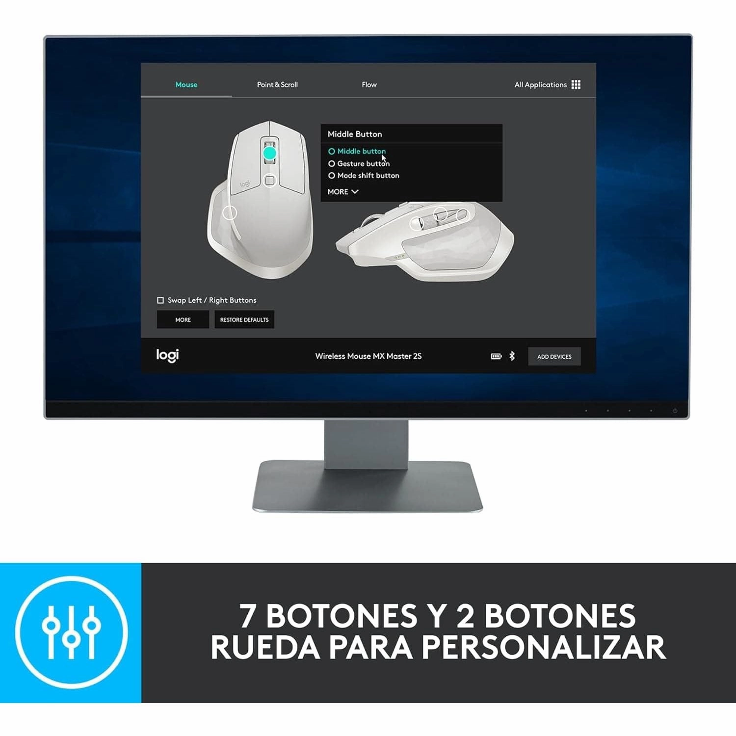 Logitech MX Master 2S Wireless Mouse with Flow Cross-Computer Control and File Sharing for PC and Mac, Grey