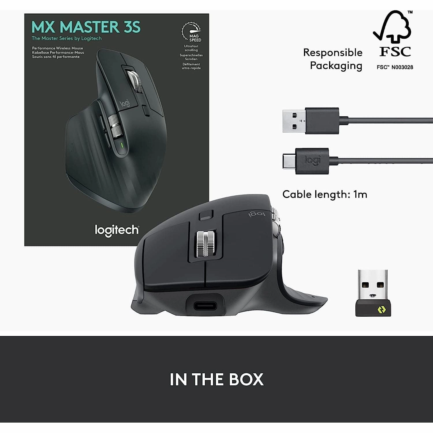 Logitech MX Master 3S - Wireless Performance Mouse with Ultra-Fast Scrolling, Ergonomic, 8K DPI, Glass Tracking, Silent Clicks, USB-C, Bluetooth, Windows, Linux, Chrome - Dark Gray