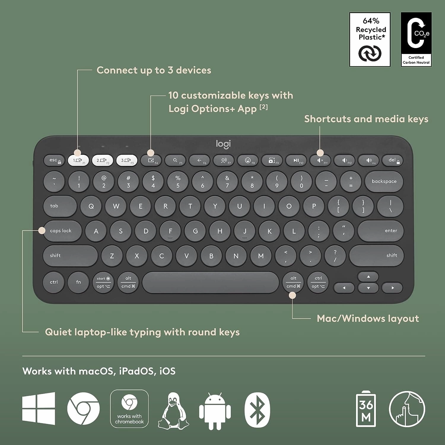 Logitech Pebble Keys 2 K380S Wireless Keyboard Graphite