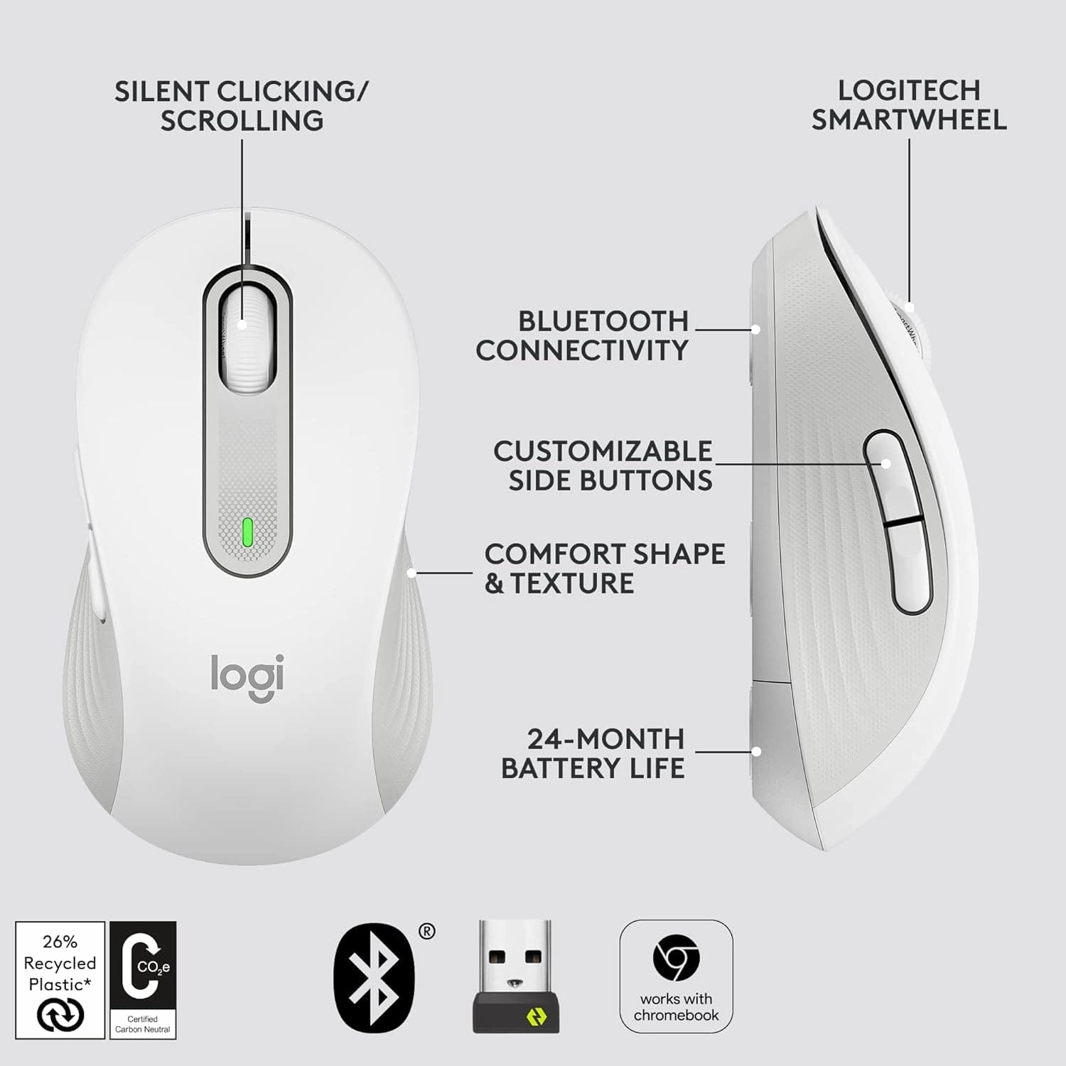 Logitech Signature M650 Wireless Mouse - For Small to Medium Sized Hands, 2-Year Battery, Silent Clicks, Customisable Side Buttons, Bluetooth, for PC/Mac/Multi-Device/Chromebook - Offwhite