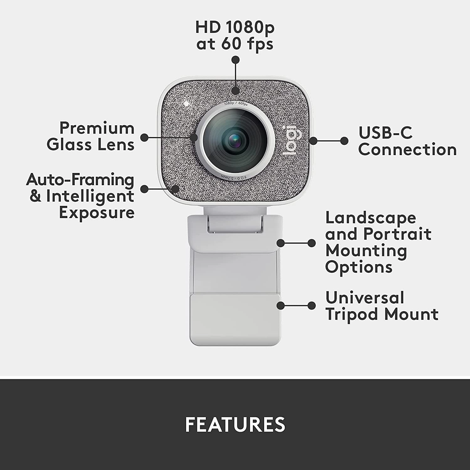 Logitech StreamCam C Live Streaming Webcam for Youtube and Twitch, Full 1080p HD 60fps, USB-C Connection, AI-enabled Facial Tracking, Auto Focus, Vertical Video - OFF WHITE