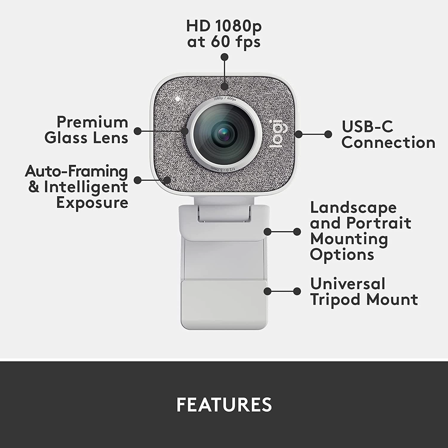 Logitech StreamCam C Live Streaming Webcam for Youtube and Twitch, Full 1080p HD 60fps, USB-C Connection, AI-enabled Facial Tracking, Auto Focus, Vertical Video - OFF WHITE