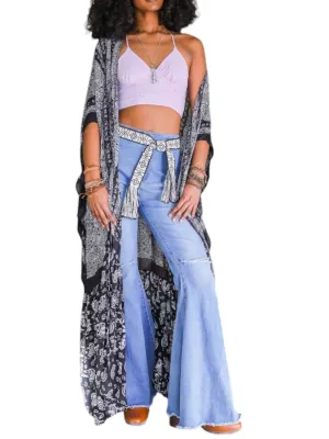 Long Paisley Flowy Kimono In Black