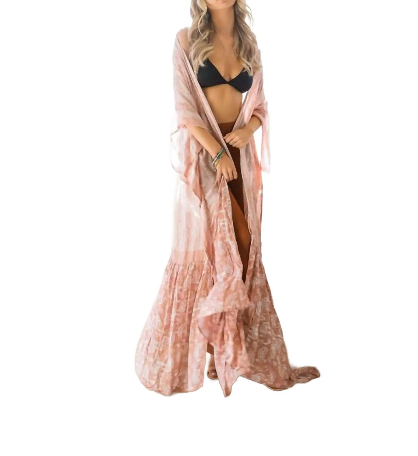 Long Paisley Flowy Kimono In Blush