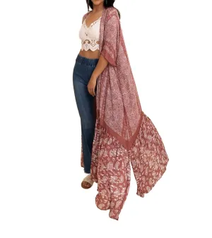 Long Paisley Flowy Kimono In Wine