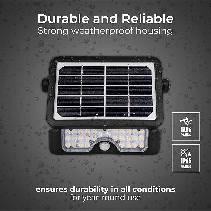 Luceco Solar LED Floodlight with PIR  5W, 550lm, IP65, Adjustable Security Light, Black (LEXSF6B40)