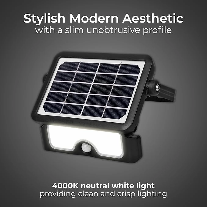 Luceco Solar LED Floodlight with PIR  5W, 550lm, IP65, Adjustable Security Light, Black (LEXSF6B40)