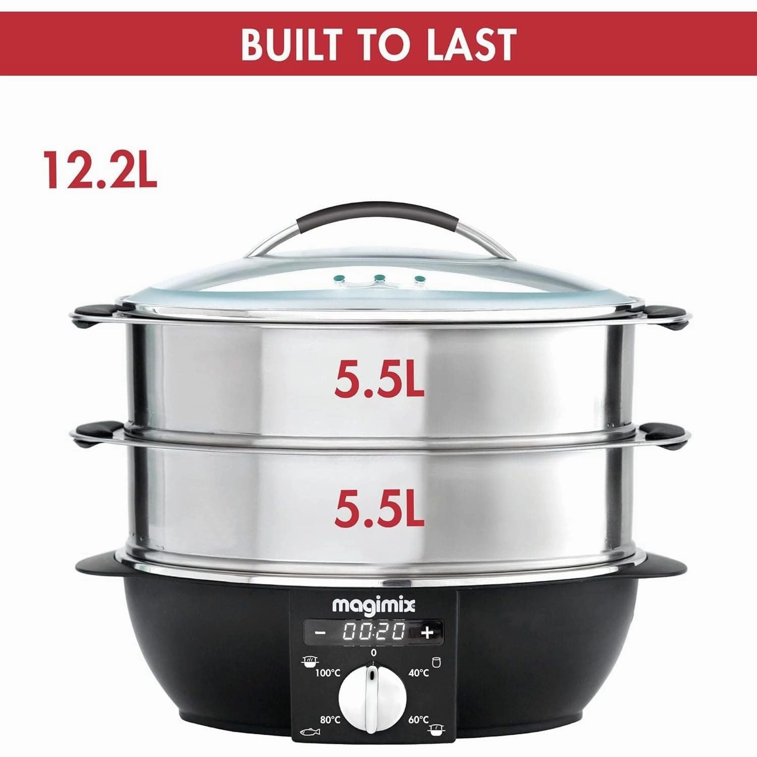 Magimix Multifunctional Food Steamer - 12.2L, 2 Tiers, Removable Base, Stainless Steel