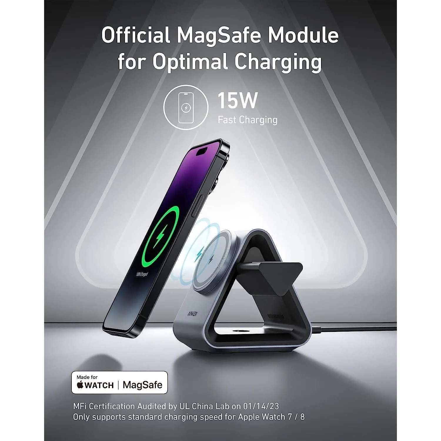 MagSafe Charger, Anker MagGo Charger (3-in-1 Station), MFi-Certified 15W Max Fast Charging, Compatible with iPhone 15/14/13/12, Apple Watch S8/7/6, AirPods 3/Pro (30W USB-C Charger Included)