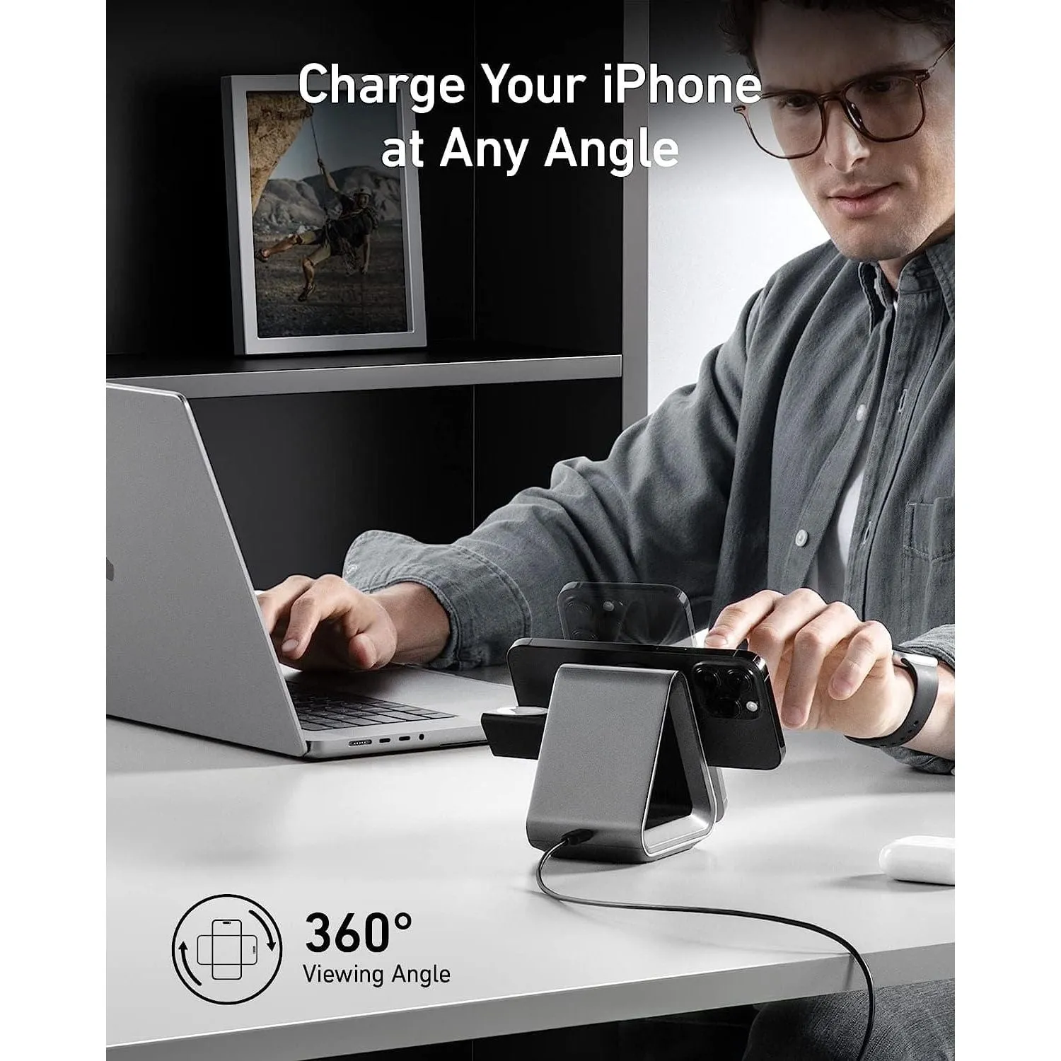MagSafe Charger, Anker MagGo Charger (3-in-1 Station), MFi-Certified 15W Max Fast Charging, Compatible with iPhone 15/14/13/12, Apple Watch S8/7/6, AirPods 3/Pro (30W USB-C Charger Included)