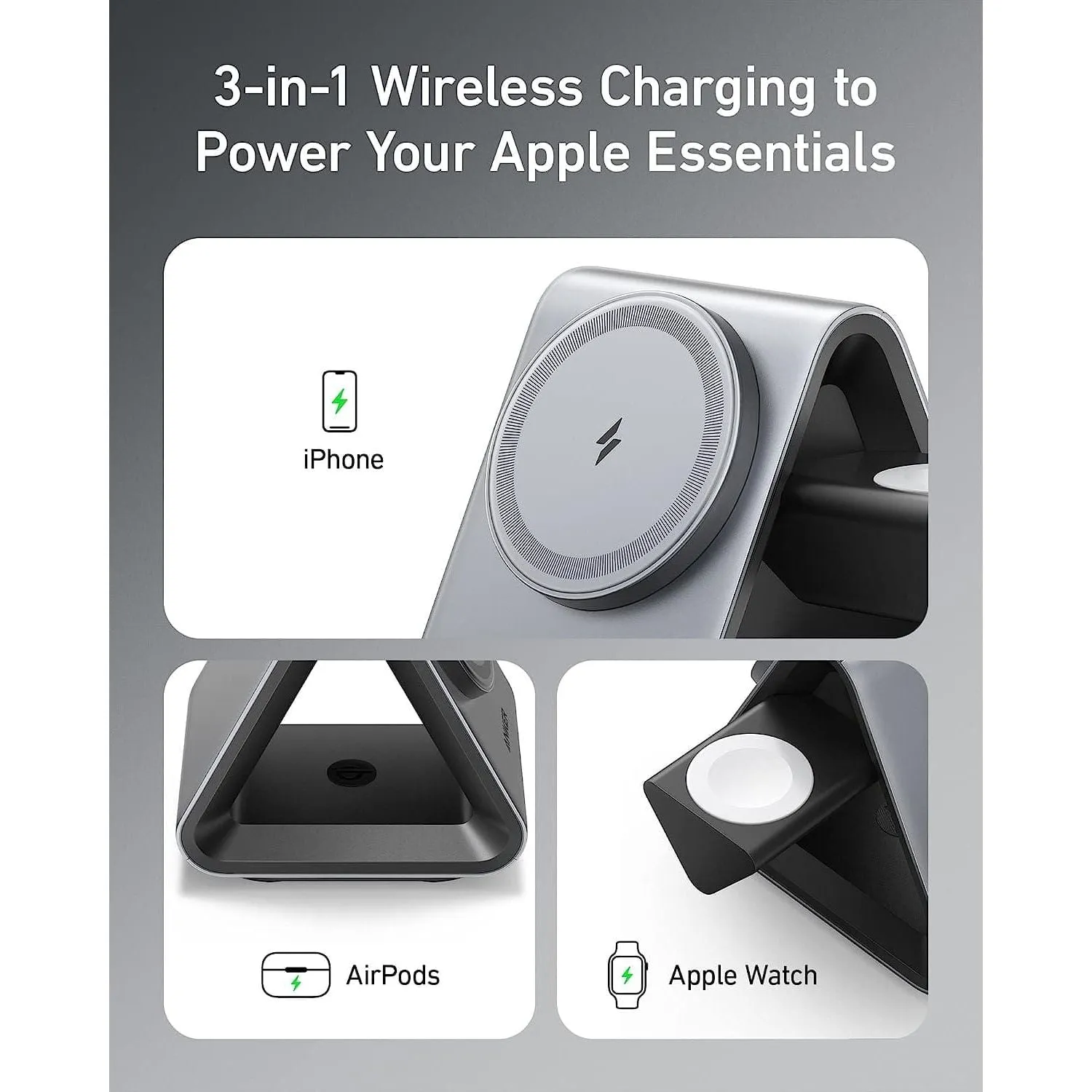 MagSafe Charger, Anker MagGo Charger (3-in-1 Station), MFi-Certified 15W Max Fast Charging, Compatible with iPhone 15/14/13/12, Apple Watch S8/7/6, AirPods 3/Pro (30W USB-C Charger Included)