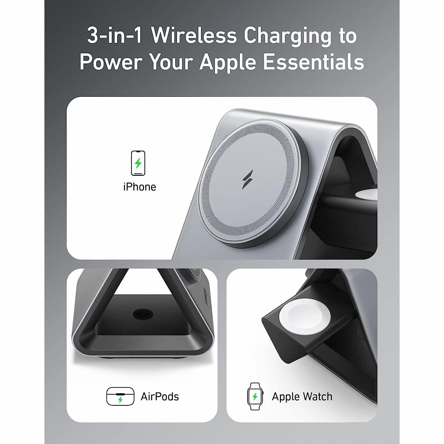 MagSafe Charger, Anker MagGo Charger (3-in-1 Station), MFi-Certified 15W Max Fast Charging, Compatible with iPhone 15/14/13/12, Apple Watch S8/7/6, AirPods 3/Pro (30W USB-C Charger Included)