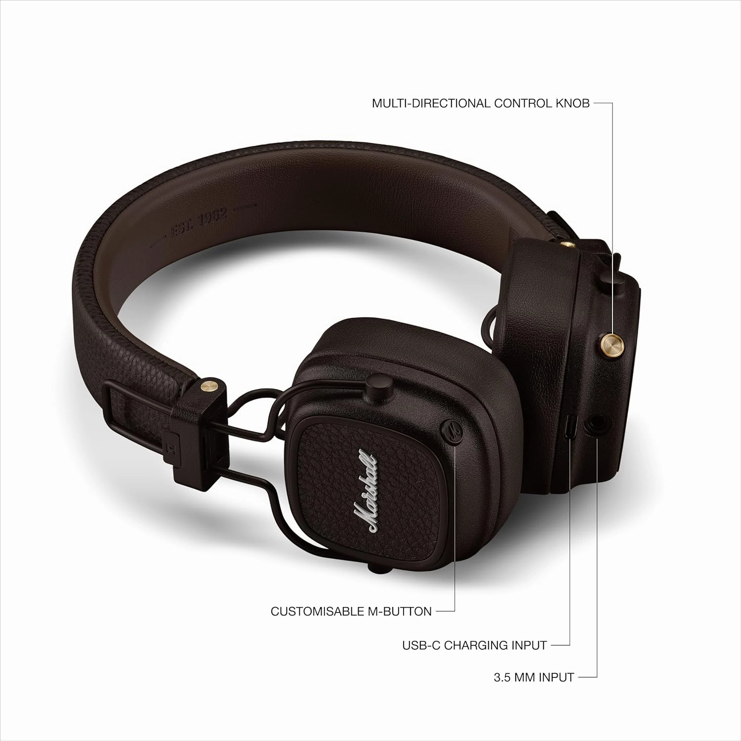 Marshall Major V Bluetooth Wireless Headphones, 100 Hours playtime - Brown