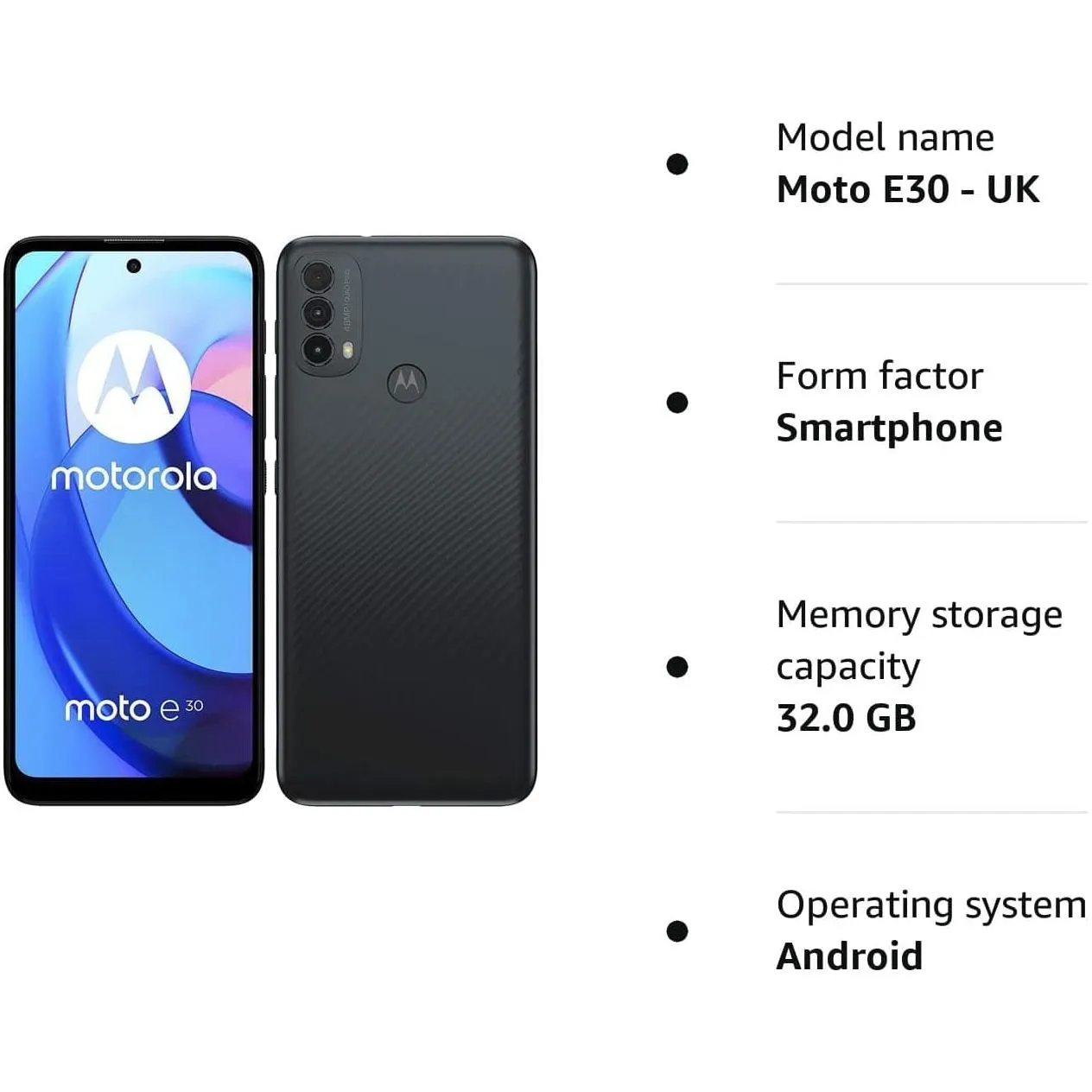 Motorola Moto E30 - UK-SIM-Free Smartphone(Dual Sim,6.5" HD, Android 11, 4G,RAM 2GB, 32GB) - Mineral Gray