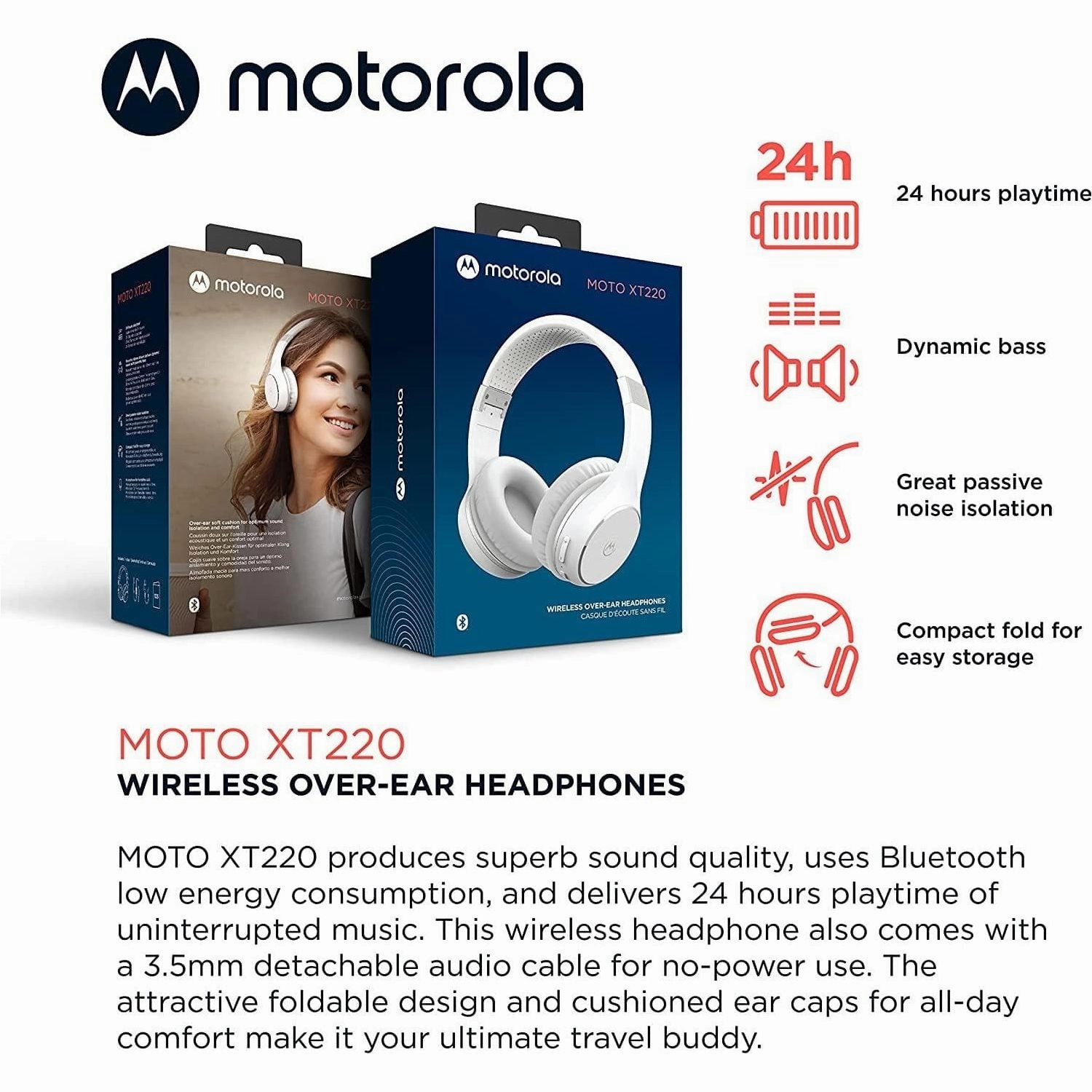 Motorola Bluetooth Wireless Headphone-  Moto XT220 Over-Ear Headphones - White