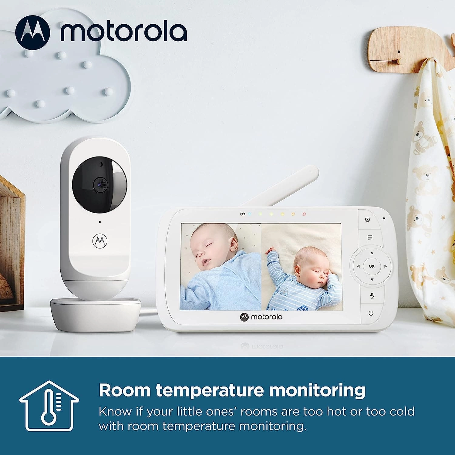 Motorola Nursery VM35-2 / Ease 35 Twin Baby Monitor with 2 Cameras 5.0 Inch Video Baby Monitor Display Split Screen Display Night Vision TwoWay Communication Lullabies Zoom Room Temperature, White