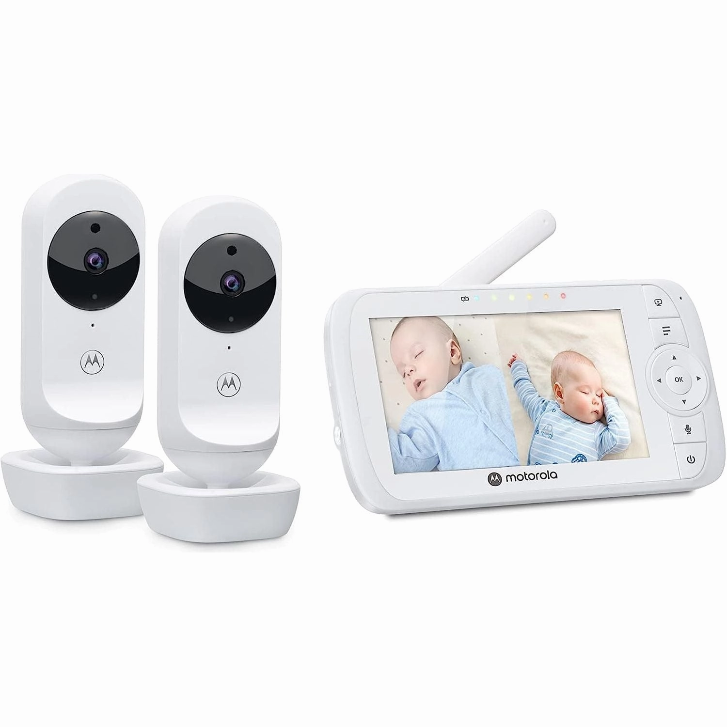 Motorola Nursery VM35-2 / Ease 35 Twin Baby Monitor with 2 Cameras 5.0 Inch Video Baby Monitor Display Split Screen Display Night Vision TwoWay Communication Lullabies Zoom Room Temperature, White