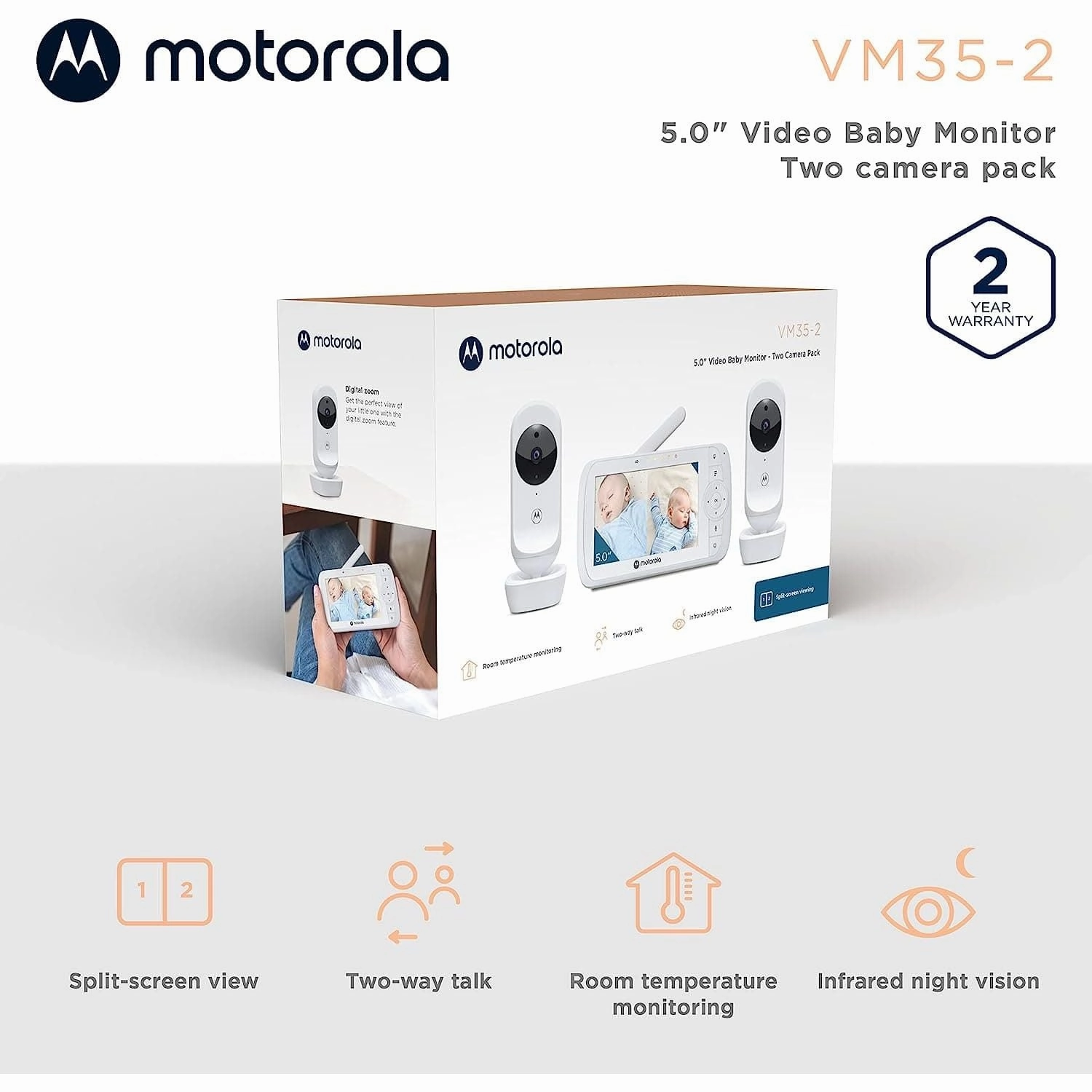 Motorola Nursery VM35-2 / Ease 35 Twin Baby Monitor with 2 Cameras 5.0 Inch Video Baby Monitor Display Split Screen Display Night Vision TwoWay Communication Lullabies Zoom Room Temperature, White