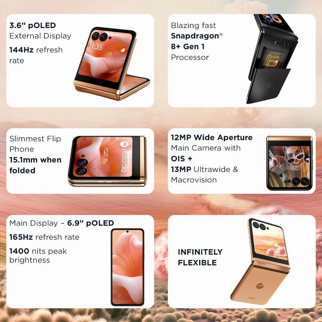 Motorola Razr 40 Ultra (Peach Fuzz, 8GB RAM, 256GB) - Unsealed, 3.6" External AMOLED, 6.9" 165Hz Display, 32MP Selfie Camera, 30W TurboPower, Android 13