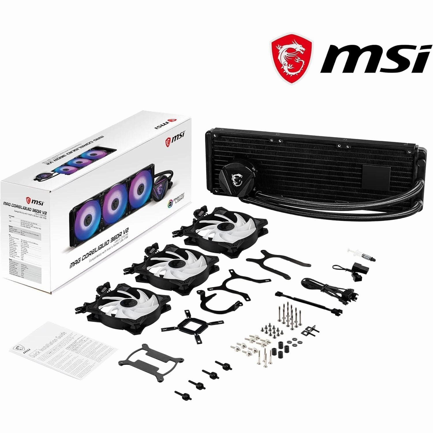 MSI MAG CoreLiquid 360R V2 AIO Liquid CPU Cooler - ARGB Rotatable Blockhead, Split-Flow Cooling, Evaporation-Proof Tubing, Easy Install, AMD/Intel Compatible