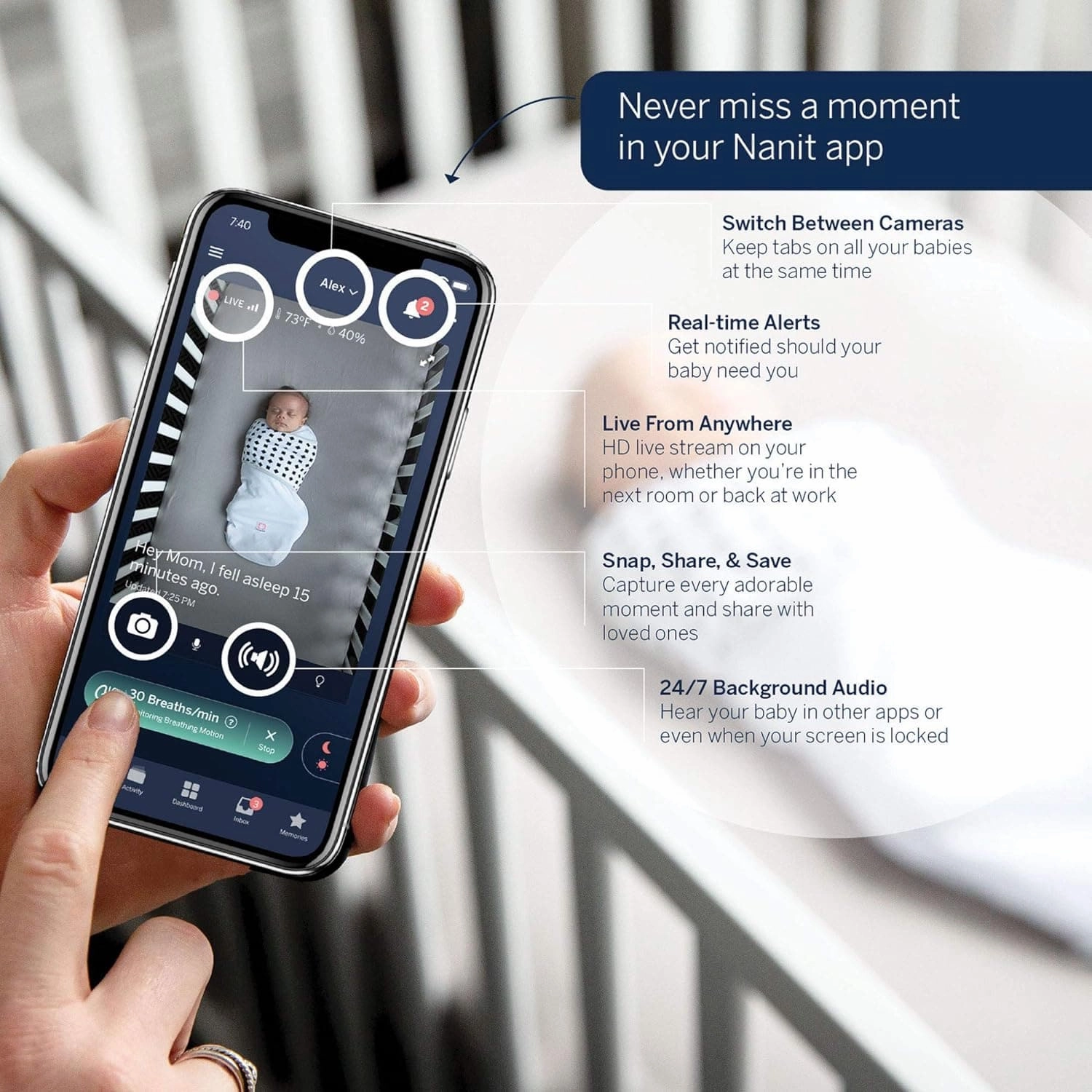 Nanit Pro Complete Baby Monitoring System Bundle  Includes 1080p Over The Cot Camera, Travel Multi-Stand, Breathing Wear Band - Tracks Newborn Sleep and Breathing Motion Sensor-Free - Night Vision