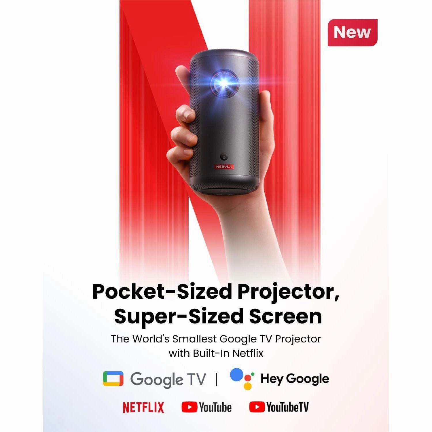 NEBULA Capsule 3 1080p Mini Projector  200 ANSI-Lumen, Smart Projector with Google TV, Built-In Netflix, Dolby Digital, 120-Inch Picture, 2.5 Hours Playtime, Portable with Built-In Battery