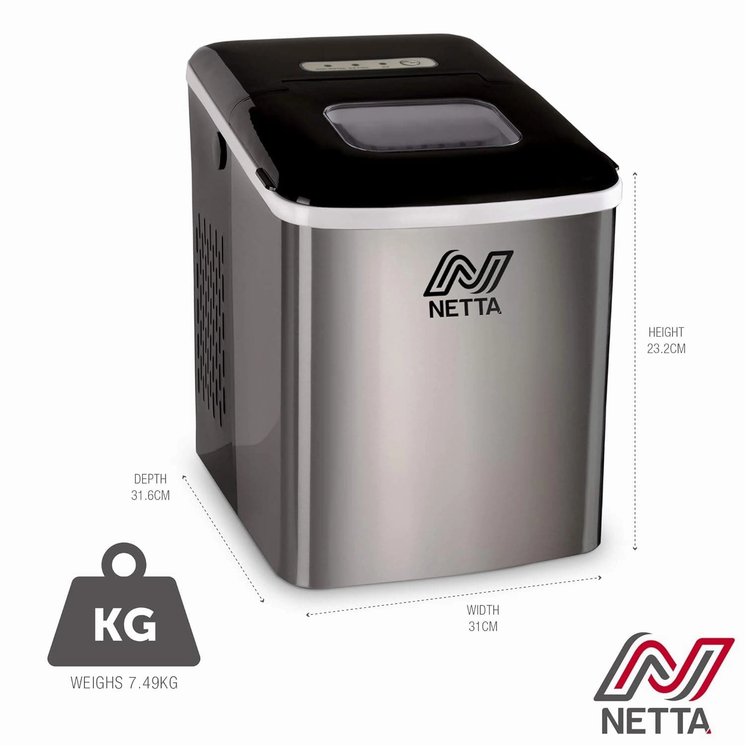 NETTA Ice Maker Machine, 12kg/24hr, Quick 10-Min Cubes, 1.8L Tank, No Plumbing Needed, Includes Scoop & Basket, Stainless Steel/Black
