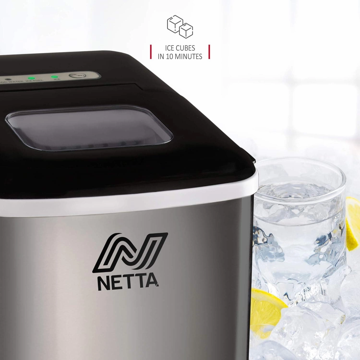 NETTA Ice Maker Machine, 12kg/24hr, Quick 10-Min Cubes, 1.8L Tank, No Plumbing Needed, Includes Scoop & Basket, Stainless Steel/Black