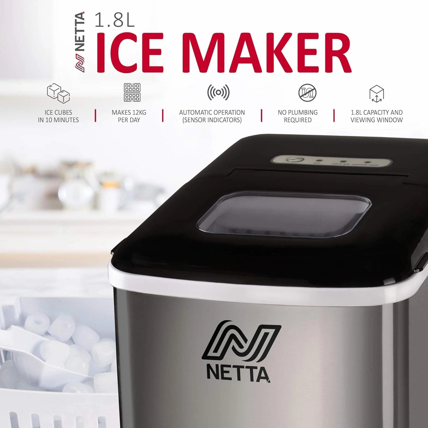 NETTA Ice Maker Machine, 12kg/24hr, Quick 10-Min Cubes, 1.8L Tank, No Plumbing Needed, Includes Scoop & Basket, Stainless Steel/Black