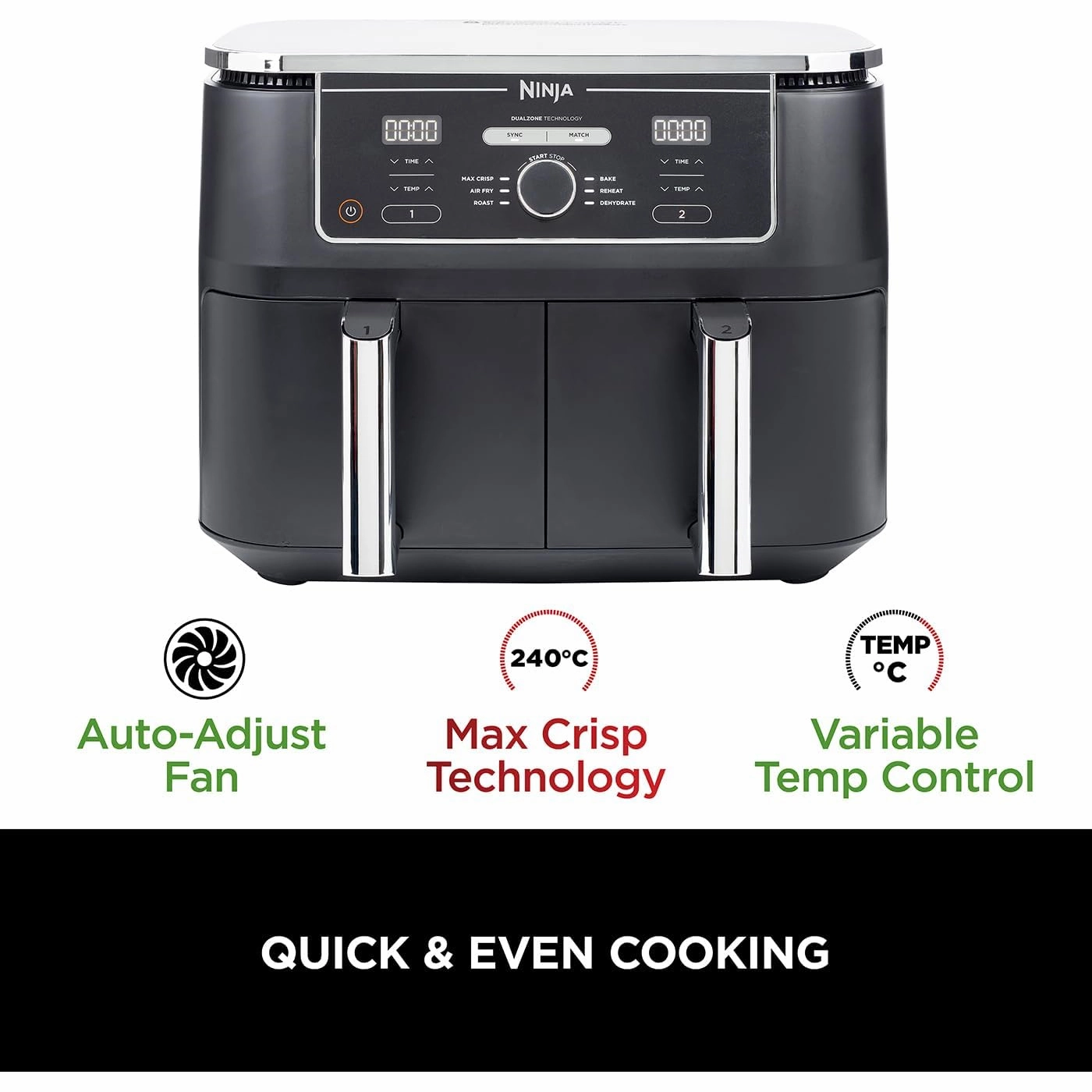 Ninja [AF400UK] Foodi MAX Dual Zone Digital Air Fryer, 2 Drawers, 9.5L, 6-in-1, Uses No Oil, Air Fry, Max Crisp, Roast, Bake, Reheat, Dehydrate, Cook 8 Portions, Non-Stick Dishwasher Safe Baskets [Black]