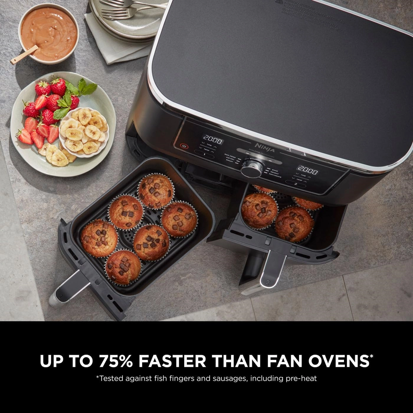 Ninja [AF400UK] Foodi MAX Dual Zone Digital Air Fryer, 2 Drawers, 9.5L, 6-in-1, Uses No Oil, Air Fry, Max Crisp, Roast, Bake, Reheat, Dehydrate, Cook 8 Portions, Non-Stick Dishwasher Safe Baskets [Black]
