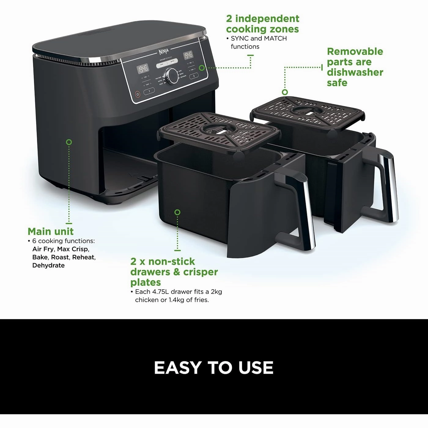 Ninja [AF400UK] Foodi MAX Dual Zone Digital Air Fryer, 2 Drawers, 9.5L, 6-in-1, Uses No Oil, Air Fry, Max Crisp, Roast, Bake, Reheat, Dehydrate, Cook 8 Portions, Non-Stick Dishwasher Safe Baskets [Black]