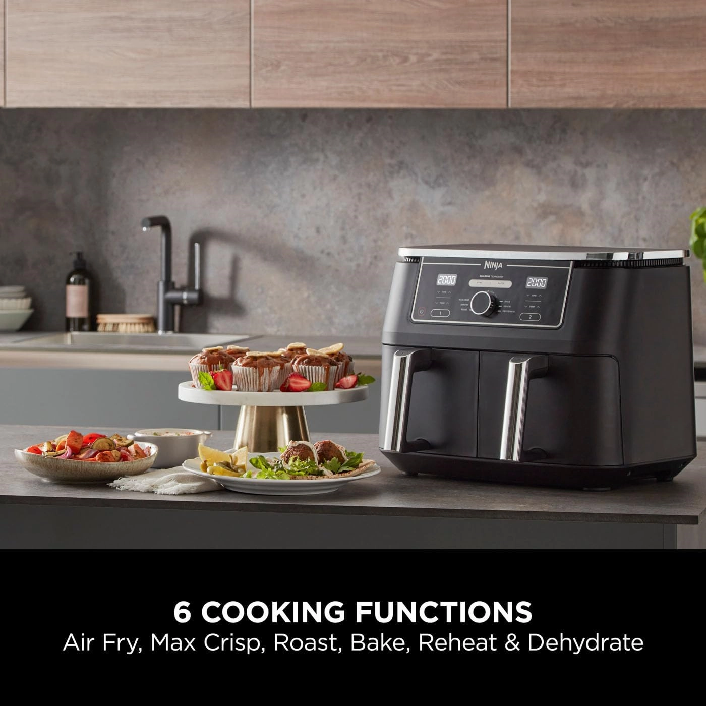 Ninja [AF400UK] Foodi MAX Dual Zone Digital Air Fryer, 2 Drawers, 9.5L, 6-in-1, Uses No Oil, Air Fry, Max Crisp, Roast, Bake, Reheat, Dehydrate, Cook 8 Portions, Non-Stick Dishwasher Safe Baskets [Black]