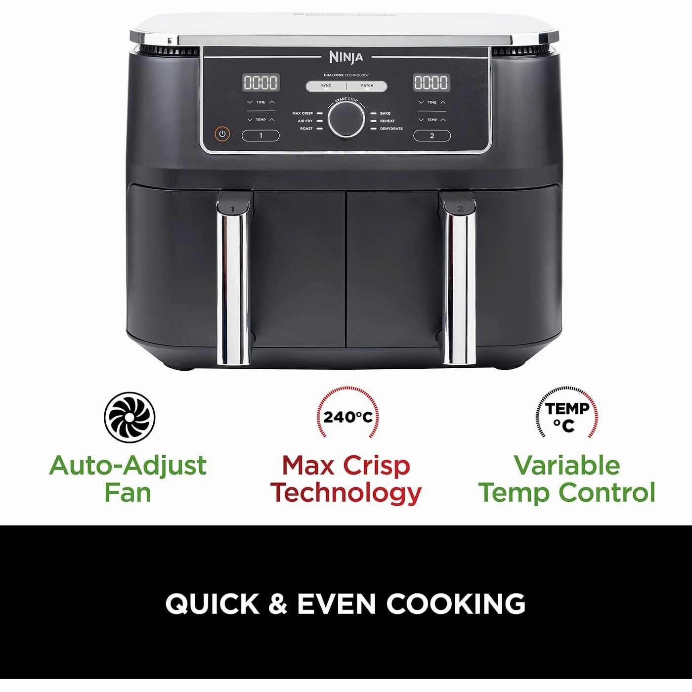 Ninja [AF400UK] Foodi MAX Dual Zone Digital Air Fryer, 2 Drawers, 9.5L, 6-in-1, Uses No Oil, Air Fry, Max Crisp, Roast, Bake, Reheat, Dehydrate, Cook 8 Portions, Non-Stick Dishwasher Safe Baskets [Black]